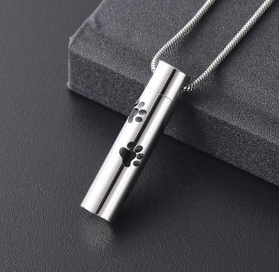 China CLASSIC Double Dog Paw Print Cremation Jewelry for Ashes Stainless Steel Cylinder Burial Memorial Ashes Urn Pendant Necklace for sale