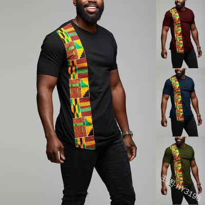 China 2021 Summer New African Men's Anti-pilling T-shirt Vertical Stripes Neck Color-blocking Round T-shirt for sale