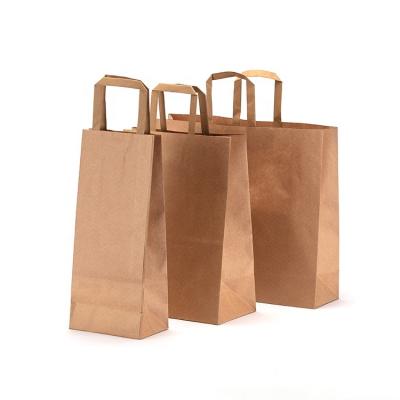 China Recycled Materials Restaurant Eco Food Takeaway Grocery Take Out Brown Kraft Paper Packaging Bag With Flat Handles for sale