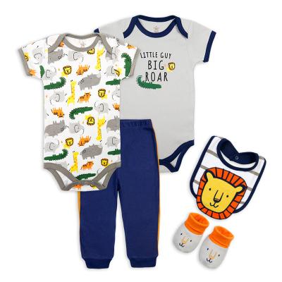 China New Summer Breathable Cotton Infant Outfits Baby Onesies Boy And Girl Jumpsuits Bibs Shoes 5pcs Package Gift Sets Baby Clothing Set for sale