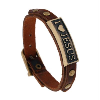 China BOHEMIA Buckle Clasp Adjustable Men Leather Love Me Jesus Bracelet for sale