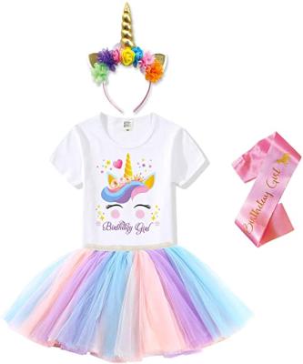 China ENGLAND STYLE Unicorn Girls Layered Tutu Skirt with Unicorn T-shirt, Headband and Satin Sash for sale