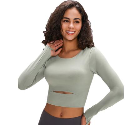 China QUICK DRY Removable Crop Compression Long Sleeve Fitness Yoga Top Padded Athletic Sports Shirt for sale