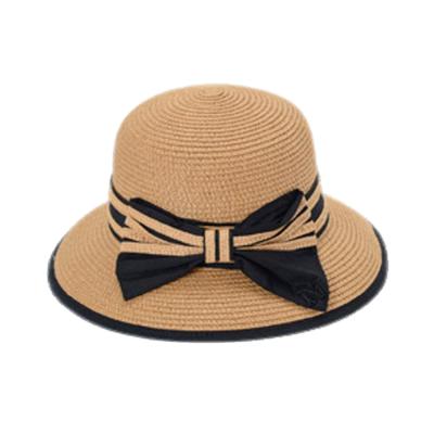 China New Summer Barred Straw Bucket Hat Fishing Boonie Overflow Sun Safari Hat with Bowknot for sale