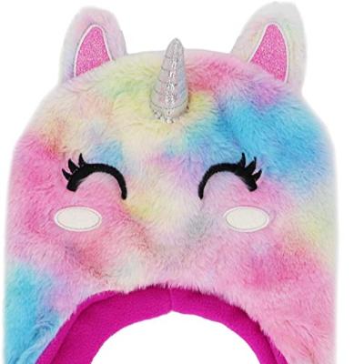 China Kids Little Girls JOINT Unicorn Beanie Hat Rainbow Faux Fur Plush Fleece Striped Earflap Winter Hat for sale