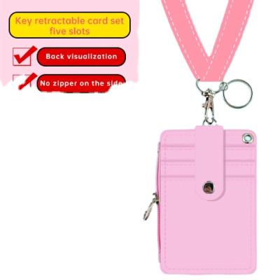 China Fashion Badge Holder With Slim Zipper Double Sided PU Leather ID Badge Card Holder Wallet Case With Card Slots for sale