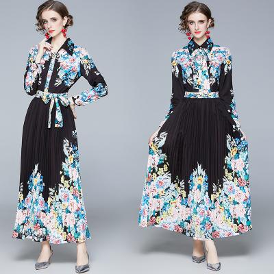 China Breathable European Style Women Fashion Print Long Dress With Belt Floral Print Long Dress for sale