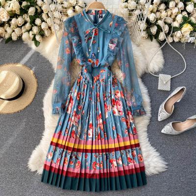 China Breathable Bohemian Style Button Front Sleeve Pleated Long Dress Women's Long Dress Office Printing Fashion Dress Shirt O Neckline Link for sale