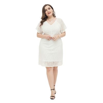 China Elegant women's dress dress European V-neck dry cleaning new short sleeve lace and American white plus size dress for sale