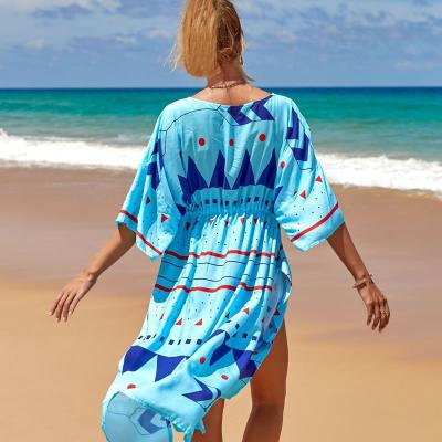 China Breathable Geometric Coconut Palm Tree Fashion Cardigan Drawstring Closure Long Dress Beach Cover Up for sale