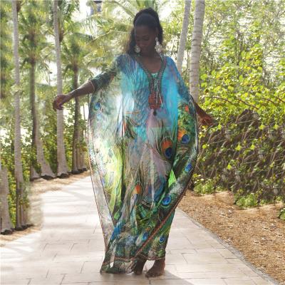 China Breathable Beautiful Peacock Feather Chiffon Dress Beach Wear Dress Bikini Cover Up for sale