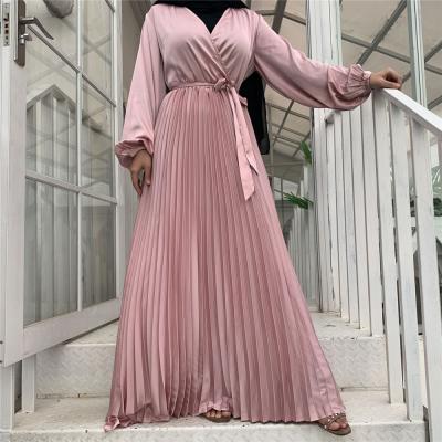 China Newest Fashion Satin Pleated Muslim Evening Maxi Casual Dresses S-2XL Women's Islamic Clothing Simple Simple Design for sale