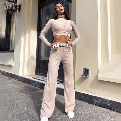 China Fashion High Leg QUICK DRY Long Collar Long Pants Suit Women's Top Wide Leg Cotton Two Piece Set for sale