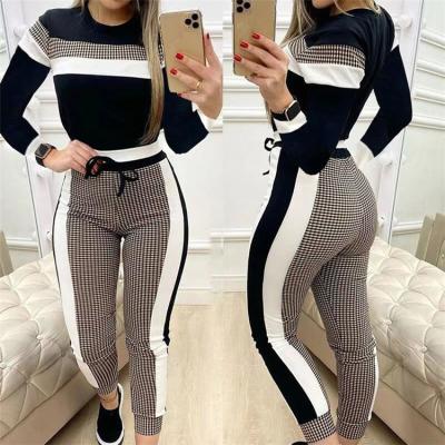 China Fitness Breathable Slim Plaid Color Contrast Plaid Casual Clothing Women Two Piece Set for sale