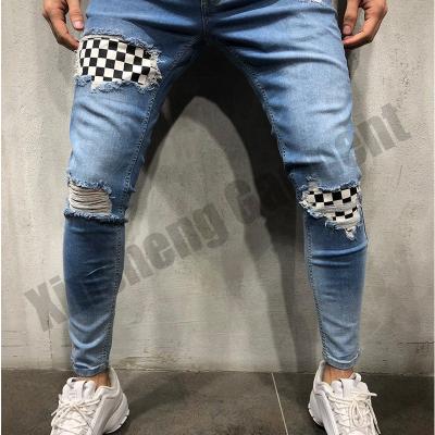 China Black Distressed Skinny Straight Jeans Stitched Popular Slim Fit Custom Denim Wholesale Hole QUICK DRY Patch Jeans for sale