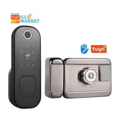 China Glomarket Smart Home Waterdicht Smart Electric Rim Lock met Tuya APP Control WIFI Outdoor Gate Door Fingerprint Smart Lock Te koop