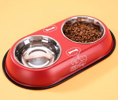 China Viable Non Spill Amazon Hot Selling Customize Logo Double Dog Water Printing Pet Bowl Stainless Steel Portable for sale