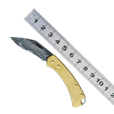 China Brass Handle Non-variable DIY Tool Pocket Knife Damascus Blade Mini Camping Tool Folding Knife for sale