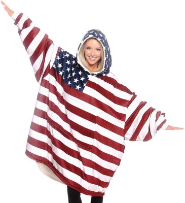 China Sherpa American Flag Anti-pilling Fleece Digital Printing Double Wearable Indoor Warm Adults Hooded Covering Winter Thick for sale