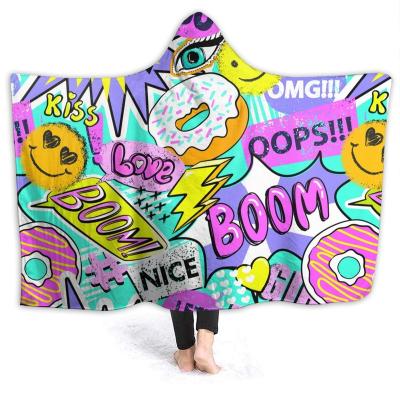 China Cartoon Pattern Anti-pilling Designs Adults Children Sherpa Hooded Blanket Short Plush Throws Wholesale Drop Ship for sale