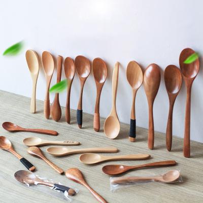 China Factory Viable Wholesale Carved Logo Small Long Handle Mini Wooden Spoons Kitchenware Tool Tableware Children for sale