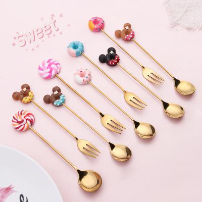 China Viable Cute Donut Stirring Lollipop Teaspoon Fruit Fork Ins Creative Dessert Shop Stainless Steel Gold Spoon for sale