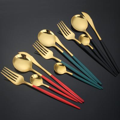 China Gold Viable Portable Cutlery Travel Restaurant 4Pcs/Set Dinner Knife Sanding Fork Spoon Stainless Steel Tableware Sets for sale