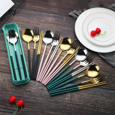 China Sustainable 3 Pcs Spoon Fork Chopsticks Portable Student Travel Tableware Box Stainless Steel Cutlery Set With Case for sale