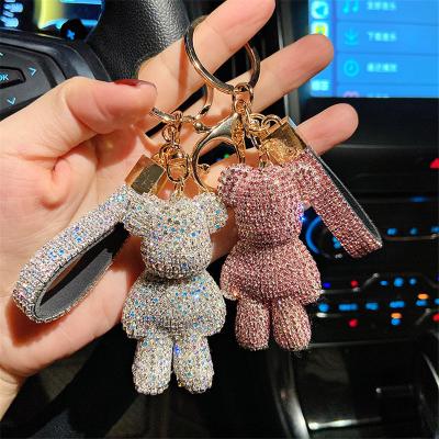 China Crystal Rhinestone Bear Key Chain High Quality Leather Strap Crystal Car Key Chain Rhinestone Bling For Bag Pendant for sale