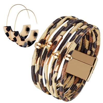 China New environmental friendly magnet buckle leopard bracelet women's leather earrings set PU copper bracelet trim multi-layer leather for sale