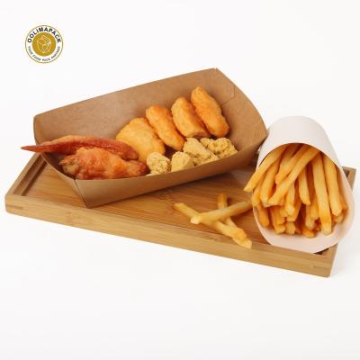 China Disposable Tray Disposable Paper French Fries Hot Box Recycled Biodegradable Food Ship Tray for sale