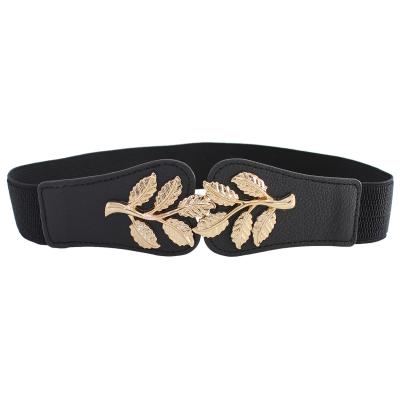 China Brown Red Black White Belt Fashion Leaf Sashes Double Metal Buckle Stretch Stretchy Elastic Belt For Women Girls for sale