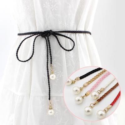 China Lower Price Braided PU Leather On Alibaba Slim PU Braided Pearl Women Belts Waist Strap Plus Size For Dresses for sale