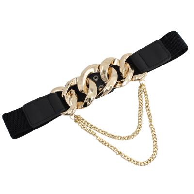 China Alloy+Elastic strap+iron fbric chain customized stretch belts for women luxury skinny dress belt for ladies fashion elastic belt with chain buckle for sale