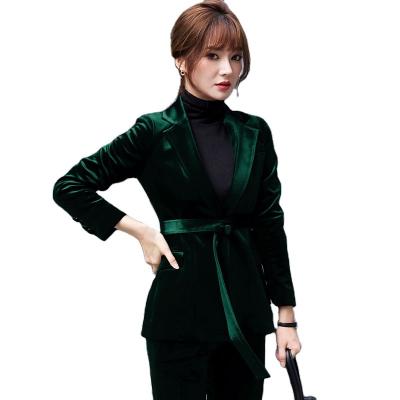 China new Anti-wrinkle fashion green velvet blazer pants with belt in stock women suits suits as waist chart wedding party business v-neck for sale