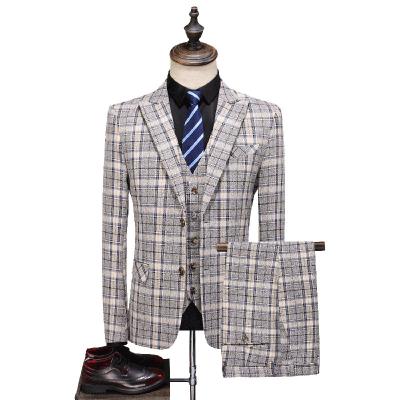 China Anti-shrink suit men's plaid four-season suit pants vests three-piece set big wholesale for sale