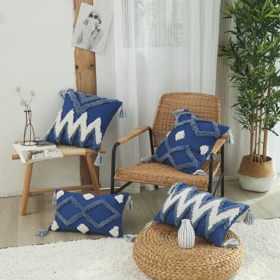 China Modern Nordic Car Seat Umpire Chair Blue Embroidery Bohemian Abstract Cotton Embellished Woven Couch Cushion Covers Pillow for sale