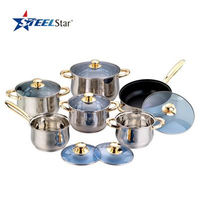 China Sustainable Korean Hot Coating 12pcs Bottom Stainless Steel Ceramic Cookware Set With Gold Plating Knob for sale