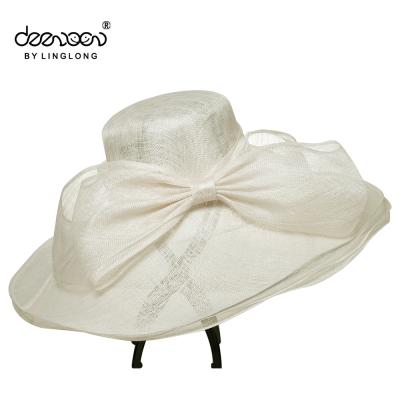 China High Quality Plush Sinamay Elegant Ladies Large Edge Sinamay White Lady Church Hats for sale