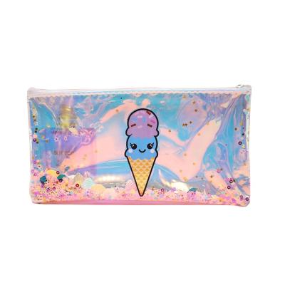 China Sweet Pink PVC Sweet Pink Bling Laser Ice Cream Pattern Sequined Holographic Shiny Zipper Bag for sale