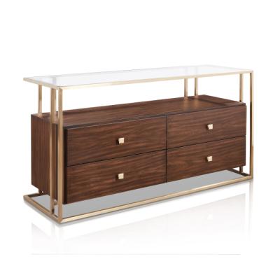 China Top Stainless Steel + Glass Frame + Walnut Shelf and Four Drawer Rectangle Wholesale High Quality Modern Walnut Console Wood Cabinet for sale