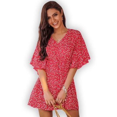 China Summer Anti-Static Women's Supplier Source Design Floral Print Chiffon Skirt Red Bat Sleeve Short V-Neckline Casual Short Dress for sale