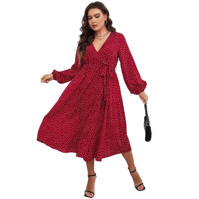 China Red Deep V Anti-Static Ladies Plus Size Midi Dress Office Polka Dot Floral Print 3XL4XL Plus Size Formal Dresses Sheath Long Dress for sale