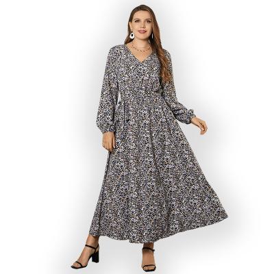 China anti-wrinkle loose v-neck women fat fall floral dresses sheath long dress 4XL women plus size Maxi Cheap Casual Woman Dress for sale