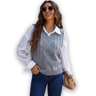 China New Design Breathable Sweaters Women Tops Gray Sleeveless Sweater Vest Casual V-Neck Sweater Tops For Ladies for sale