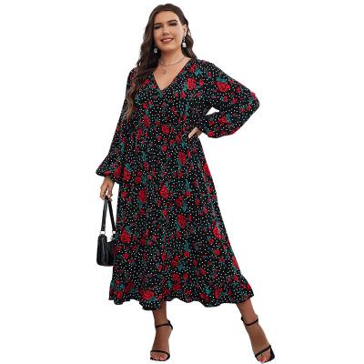 China Plus Size Anti-Static Stylish Dress For Party Wholesale Formal Casual Wear Loose V-Neck Printing Long Plus Size Women Clothing for sale