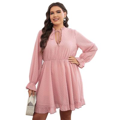 China New Women's Anti-Static Clothing Plus Deep Pink Summer Autumn Ladies Plus Size Dress Long Sleeve V Waist Dress for sale