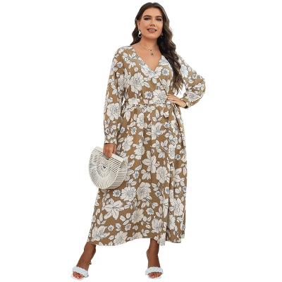 China Hanni New Elegant Womens Anti-Static Plus Size Dress Formal Clothes Wholesale Casual V-neck Printed Long Dress Plus Size Women's Dresses for sale