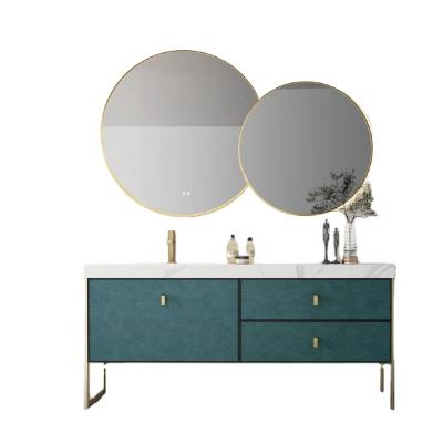 China Modern Luxury Plywood Bathroom Cabinet Vanity Set Floor Standing With Round Mirror for sale