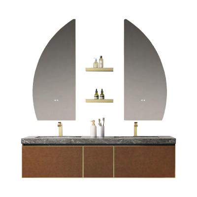 China Modern Luxury Plywood Bathroom Cabinet Modern Vanity Set Wall Mounted With Round Mirror for sale